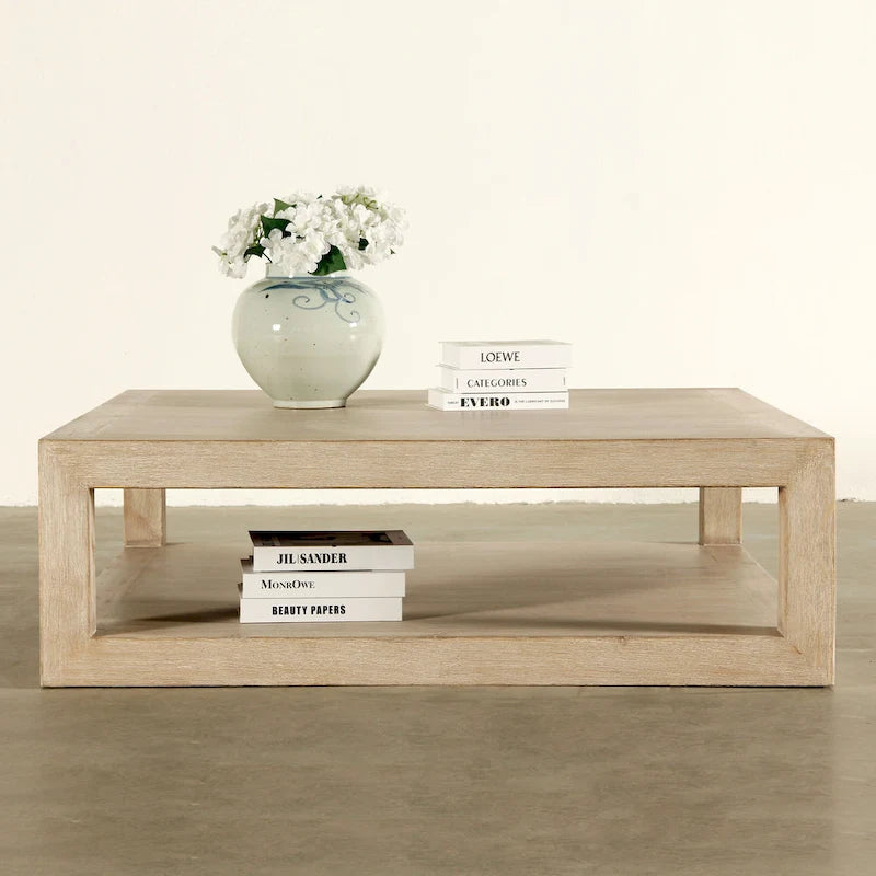 Versatile Framed Square Coffee Table With Weathered White Wash, 50 Inch Long