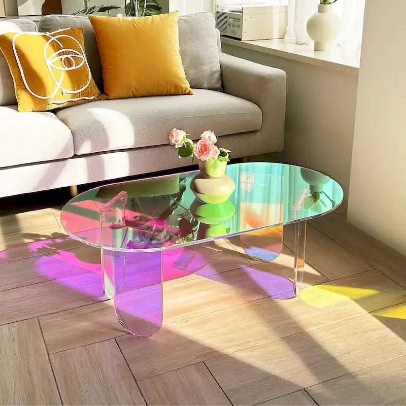 Clear Acrylic Coffee Table Iridescent Colorful Side Table Rainbow Color with PVC Mat