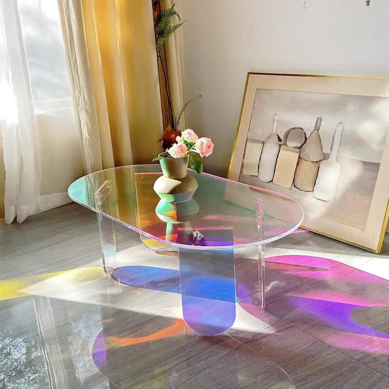 Clear Acrylic Coffee Table Iridescent Colorful Side Table Rainbow Color with PVC Mat