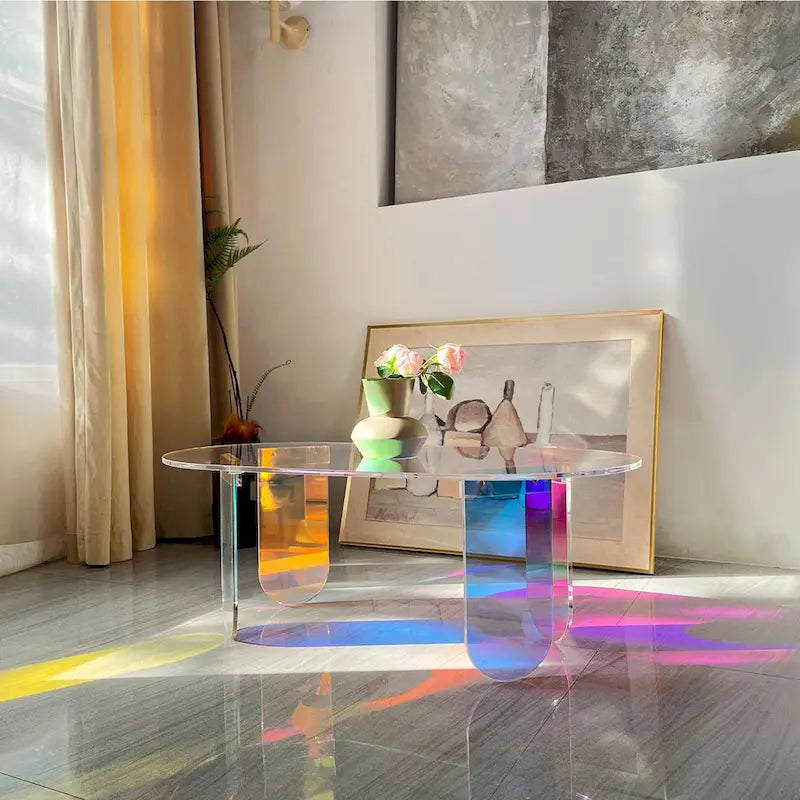 Clear Acrylic Coffee Table Iridescent Colorful Side Table Rainbow Color with PVC Mat