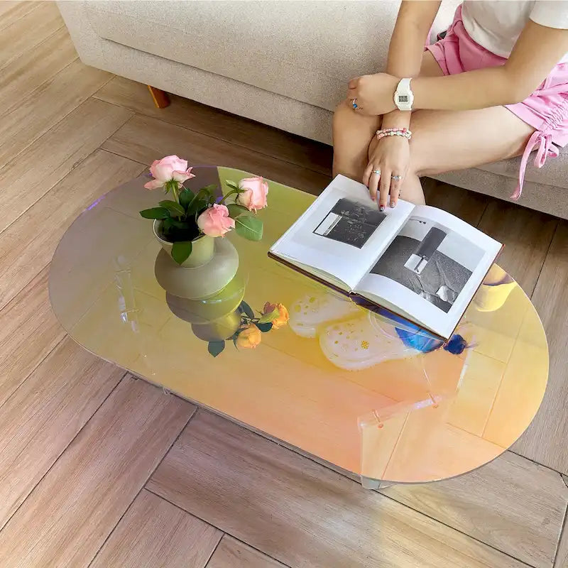 Clear Acrylic Coffee Table Iridescent Colorful Side Table Rainbow Color with PVC Mat