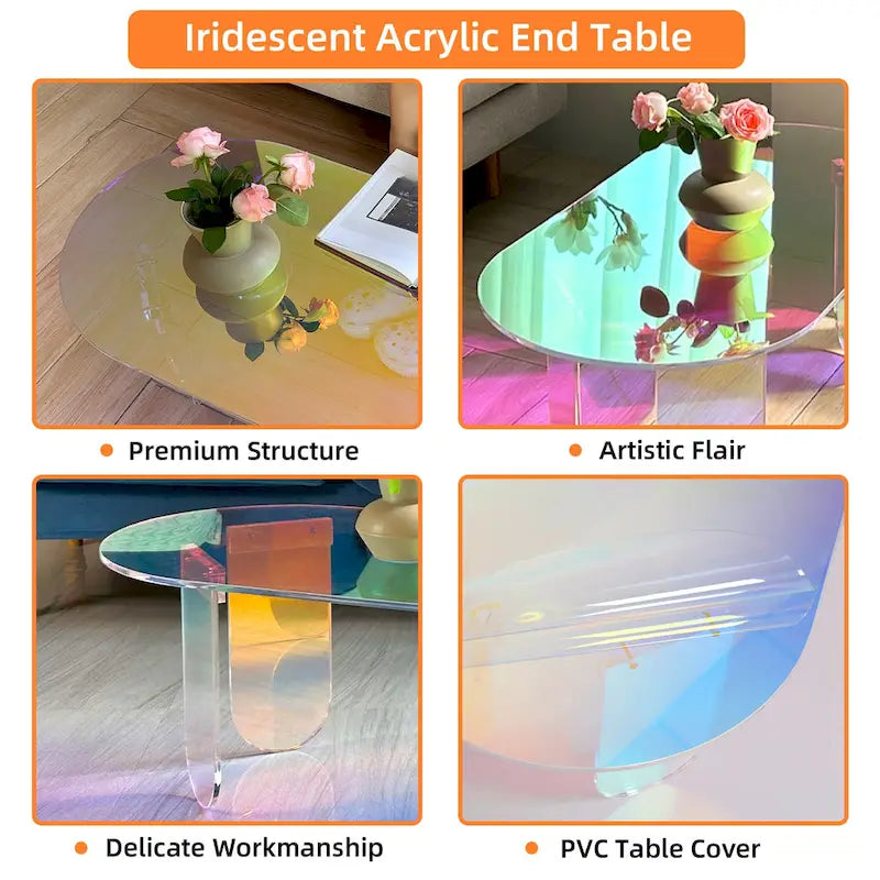 Clear Acrylic Coffee Table Iridescent Colorful Side Table Rainbow Color with PVC Mat