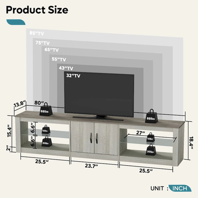 Meuble TV LED et centre multimédia pour téléviseurs jusqu’à 85 avec deux meubles de rangement - 80 pouces