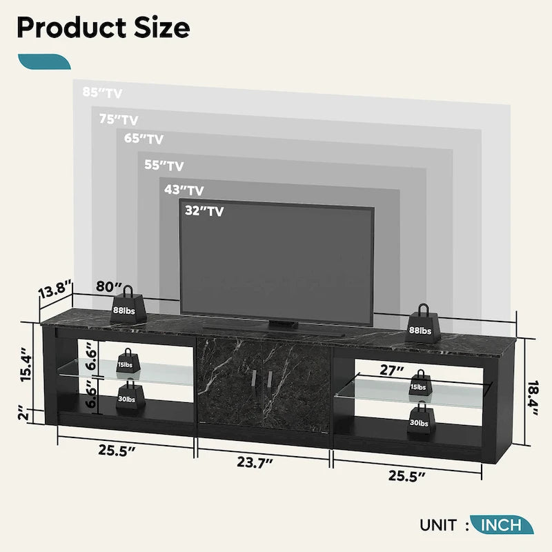 Meuble TV LED et centre multimédia pour téléviseurs jusqu’à 85 avec deux meubles de rangement - 80 pouces