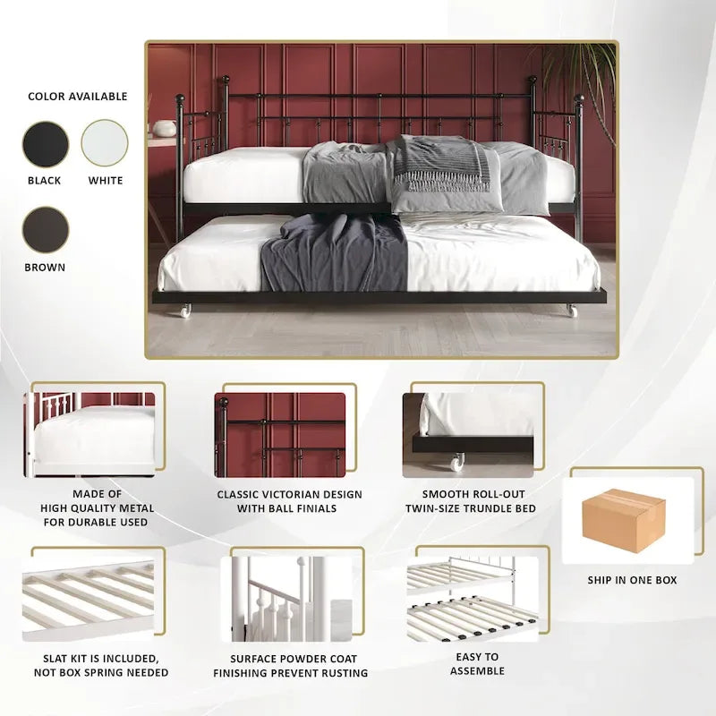 Classic Victorian Metal Twin Daybed with Trundle