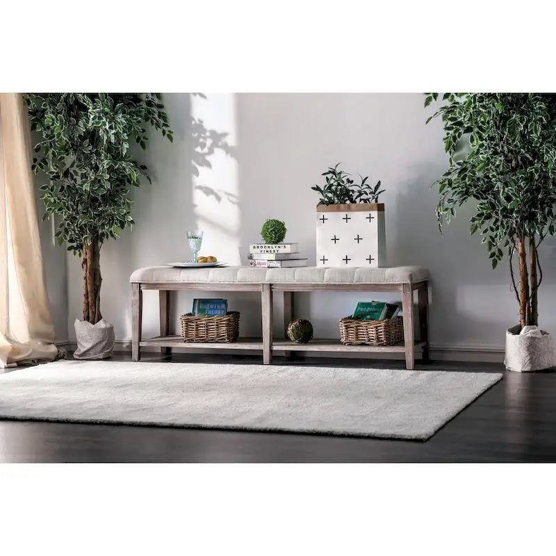 Rustic Linen Tufted Storage Entryway Bench