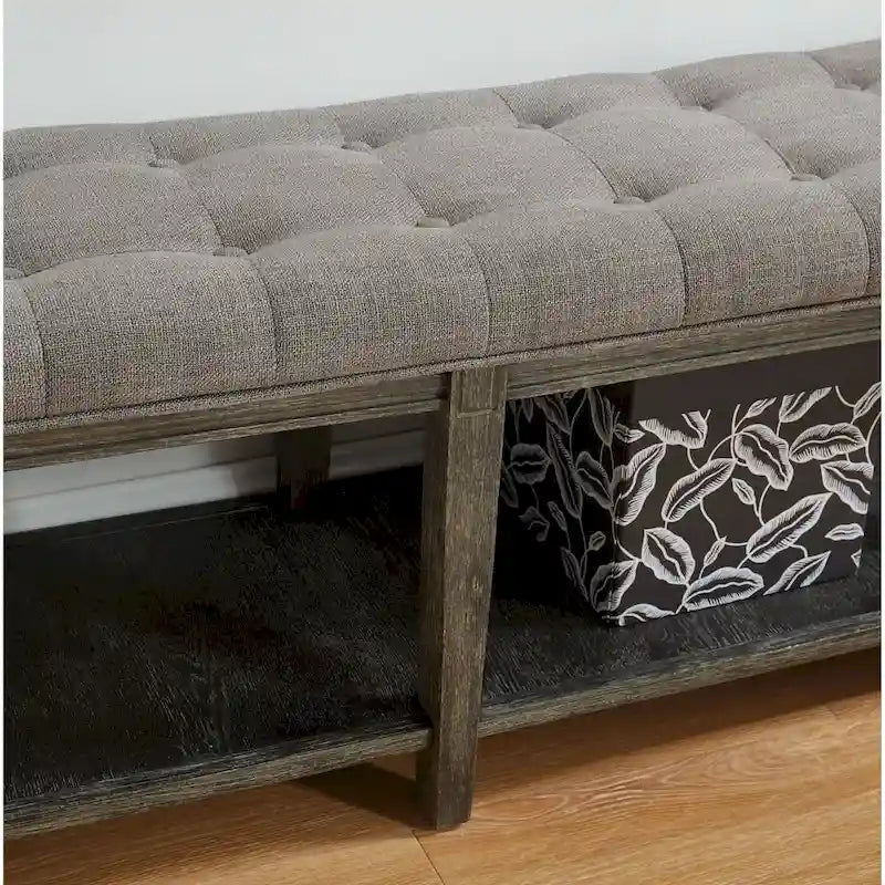 Rustic Linen Tufted Storage Entryway Bench