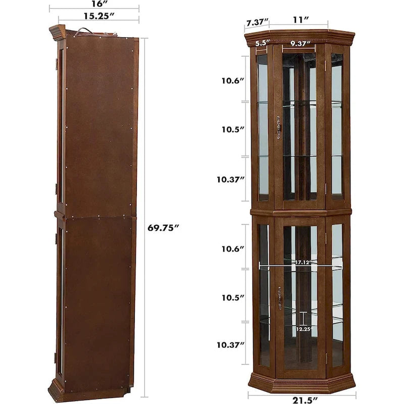 Corner Curio Cabinet with Lights Adjustable Tempered Glass Shelve