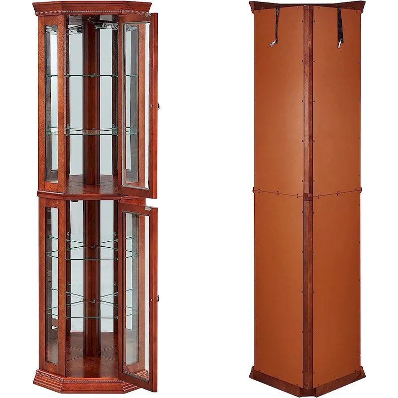 Corner Curio Cabinet with Lights Adjustable Tempered Glass Shelve