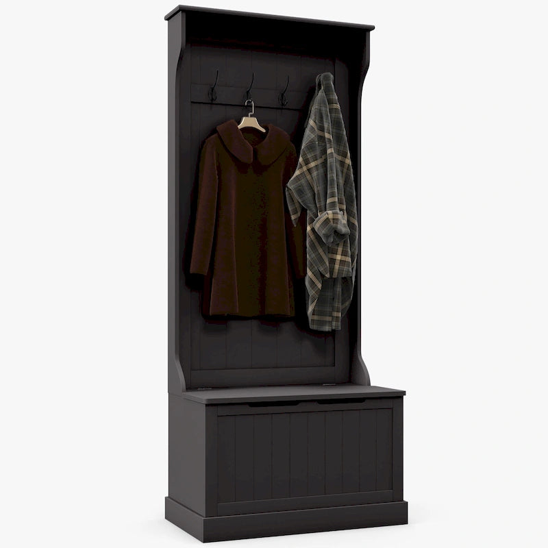 28 3-In-1 Entryway Hall Tree with Storage Bench, Coat Rack with Four Hooks and Shoe Storage, Gray