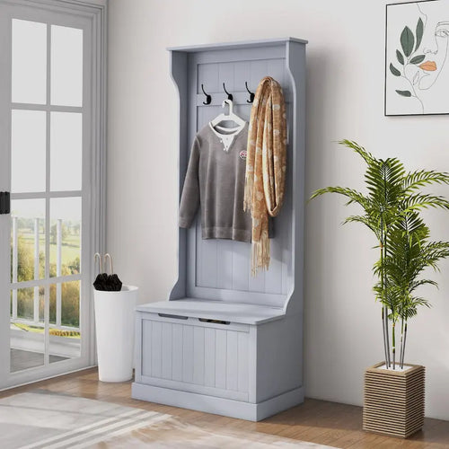 HOMCOM 28 3-In-1 Entryway Hall Tree with Storage Bench, Coat Rack with Four Hooks and Shoe Storage, Gray