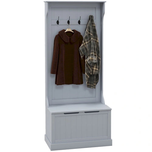 28 3-In-1 Entryway Hall Tree with Storage Bench, Coat Rack with Four Hooks and Shoe Storage, Gray