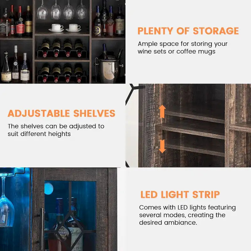 Wine Bar Cabinet with LED Light - 15.7D x 47.2W x 34.61H