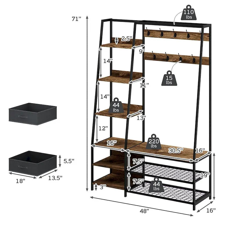 6-in-1 Freestanding Hall Tree Coat Rack w/ Bench & Fabric