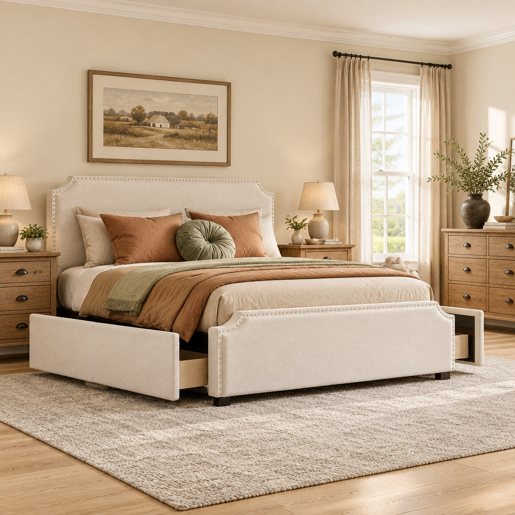 Upholstered Platform Bed with Stud Trim Headboard and Footboard and 4 Drawers No Box Spring Needed, Velvet Fabric, Queen Size