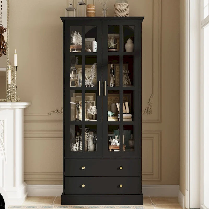 Display Cabinet with Glass Doors Bookcase Accent Living Room Hallway - 70.1Hx31.5W