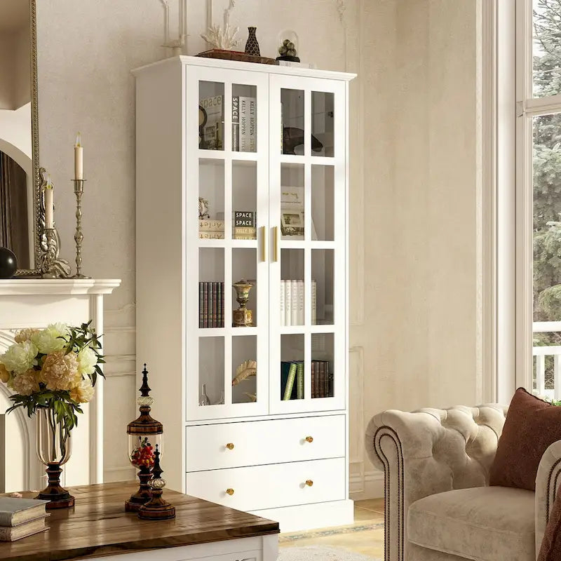 Display Cabinet with Glass Doors Bookcase Accent Living Room Hallway - 70.1Hx31.5W