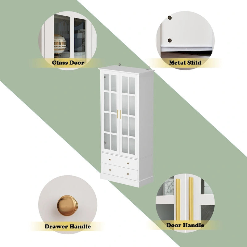 Display Cabinet with Glass Doors Bookcase Accent Living Room Hallway - 70.1Hx31.5W