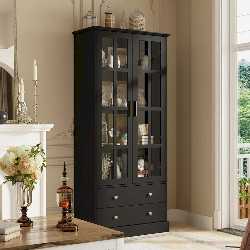 Display Cabinet with Glass Doors Bookcase Accent Living Room Hallway - 70.1Hx31.5W