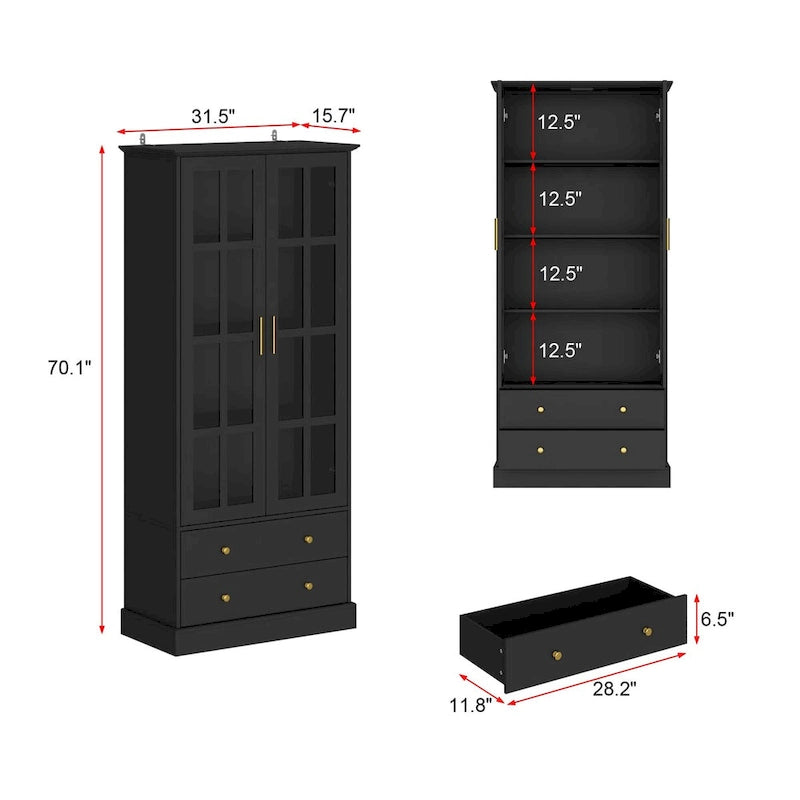 Display Cabinet with Glass Doors Bookcase Accent Living Room Hallway - 70.1Hx31.5W