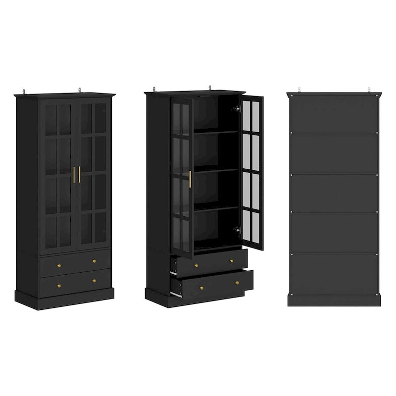 Display Cabinet with Glass Doors Bookcase Accent Living Room Hallway - 70.1Hx31.5W
