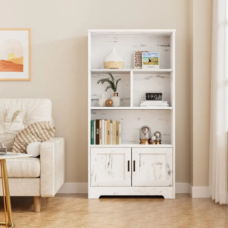 Moderní dřevěná knihovna se 4 dvířky a LED osvětlením - N/A