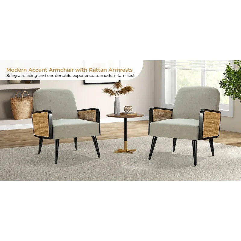 Modern Bohemian Upholstered Accent Armchair with Wood Legs Set of 2